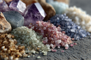 Multicolored gemstones on surface with close-up of rough crystals and minerals
