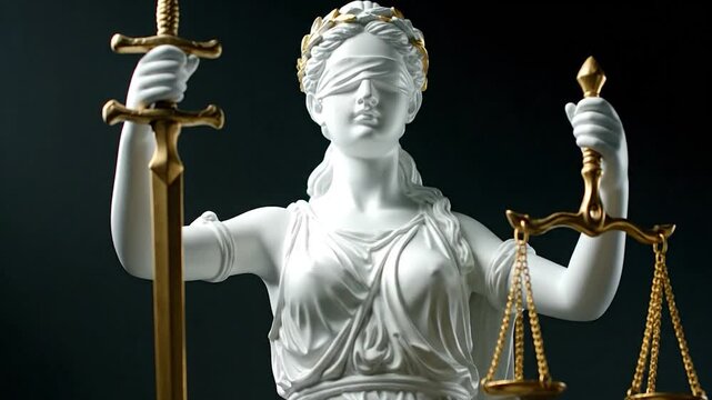 White statue of blindfolded justice with sword and scales