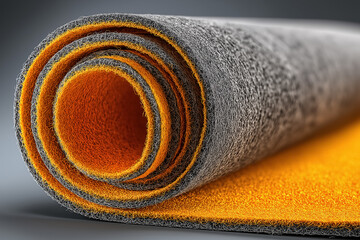 Close-up of rolled multicolored textured fabric with gray and orange layers