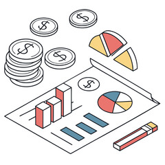 Business finance concept with golden coins and ascending chart shape, symbolizing growth and investment on a white background.
