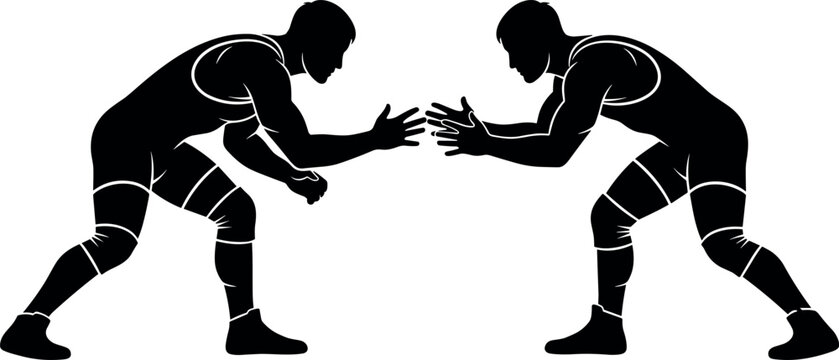 Two Professional Freestyle Wrestlers in Silhouette Stance Grappling Match Illustration Isolated on White Background for Sports Competition and Athletic Design