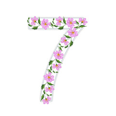 The white number 7 is decorated with an ornament of pink flowers. Computer illustration.