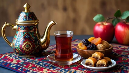 Fototapeta premium Traditional Turkish Apple Tea in Tulip Glass with Dried Fruits and Fresh Apples on Ornate Kilim Rug