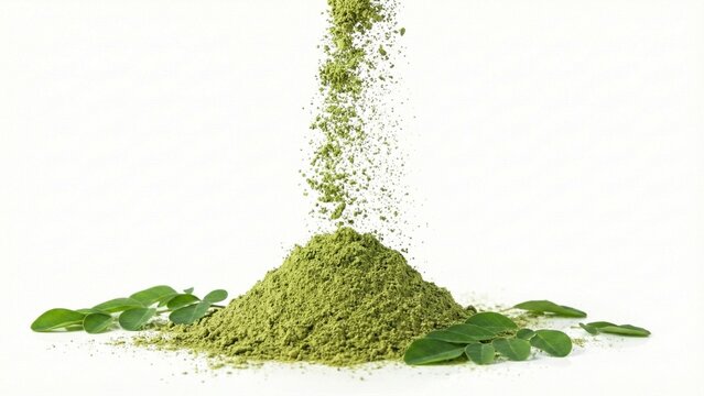 Green herbal moringa powder falling into a pile with fresh leaves on white background