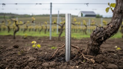 Obraz premium Vineyard Soil Monitoring: Close-up of Soil Probe in Vineyard Row for Agricultural Analysis