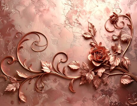 Elegant Copper Rose and Leaves on Textured Metallic Rose Gold Background