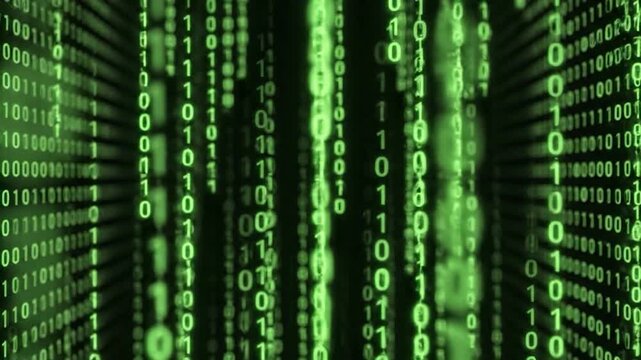 Abstract glowing green binary code streams across a dark screen, symbolizing digital data