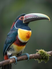 Fototapeta premium Colorful Toucan Perched On Branch With Vibrant Beak And Tropical Forest Backdrop