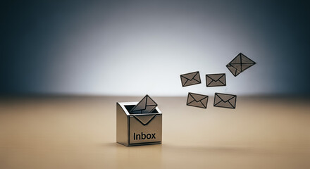 Metallic 3D Inbox Icon Receiving Flying Email Envelopes. Digital Communication, Message Notification, New Mail, and Online Correspondence Concept Rendered on Desk.