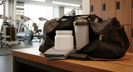 Gym equipment and accessories on wooden bench