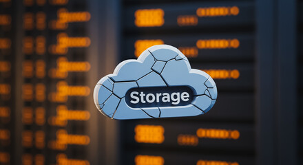 Cracked Cloud Storage Icon over Server Racks. Conceptual 3D Render Highlighting Data Loss Risk, System Vulnerability, Digital Infrastructure Failure, and Network Security Issues.