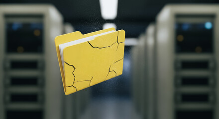 Cracked Yellow Data Folder Floating in Server Room - Conceptual visualization of catastrophic data loss, information corruption, cybersecurity failure, or digital system breach in a datacenter.