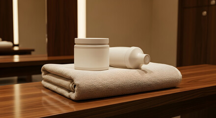 Luxurious spa amenities on wooden table