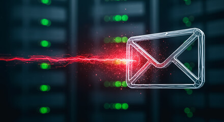 Cybersecurity Data Breach Concept. Digital Email Icon with Red Energy Stream Indicating Malware, Spam, or Hacking Threat in Server Environment.