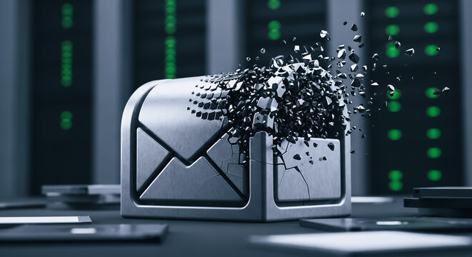 Shattering metallic email icon representing a severe data breach, cyber attack, security failure, or digital communication destruction against a backdrop of server racks and green binary code. - Powered by Adobe