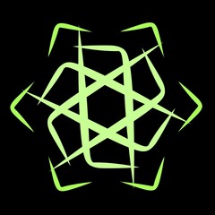 Abstract neon green geometric symbol on black background.