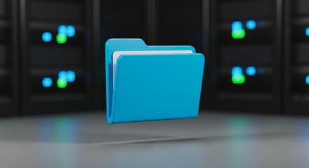 3D Blue Folder Icon Floating in Server Room Environment. Data Storage, File Management, and Digital Security Concept on Data Center Background.