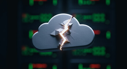 Cloud Computing Failure. 3D Cracked Cloud Icon Symbolizing Data Breach, System Outage, Network Vulnerability, or Critical Error in Server Infrastructure and Digital Technology.
