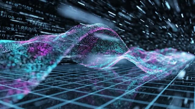 Pink and cyan glowing particle wave crests above a grid, surrounded by binary code