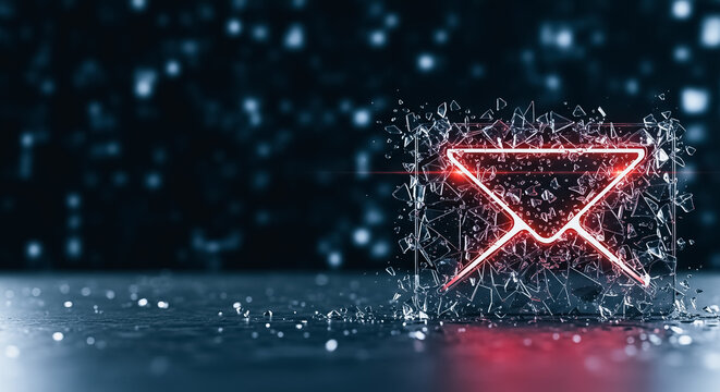 Digital Email Security Breach Concept: Shattered Glass Envelope Icon Representing Hacking, Data Loss, Cyber Attack, and Communication Failure on Dark Background. - Powered by Adobe