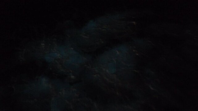 Bioluminescence from drone. Aerial night view of the sea surface with breaking wave shining blue light caused by bioluminescence. High level of noise