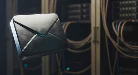 Secure Digital Mail Icon Floating Above Data Center Servers. Futuristic 3D Envelope Symbol Representing Network Communication, Privacy, IT Infrastructure, and Cybersecurity.