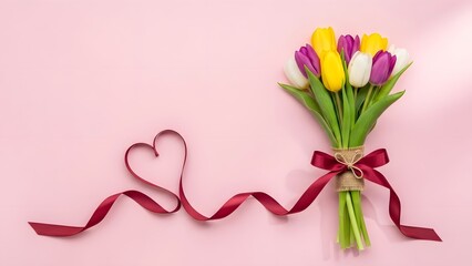 Happy mother's day bouquet of colorful tulips with red ribbon heart