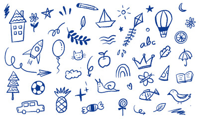 Children vector  doodle set. Childish cute preschool activity, education doodle background. Vector illustration