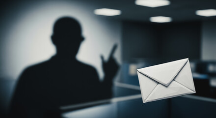 Insider Threat Email: Mysterious Shadowy Figure in Dark Office Sending Secret Message, Cyber Security, Corporate Espionage, Phishing Scam, Confidential Data Breach