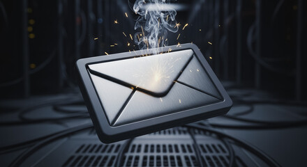 Metallic Email Icon with Sparks and Smoke in a Dark Server Room: Data Security Breach, Hacking, Urgent Digital Communication, or High-Tech Technology Error Concept 3D Render