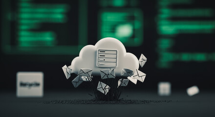 Cyber Security Threat: Cloud Server Data Breach Exploding with Broken Email Messages. Digital Spam, Hacking, Phishing Attack, and Online Vulnerability Concept on Dark Code Background.