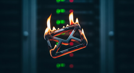 Burning Email Icon in Data Center Racks. Concept of Urgent Message, Server Failure, Spam, Digital Danger, Cybersecurity Threat, Data Breach, or Hot Communication.