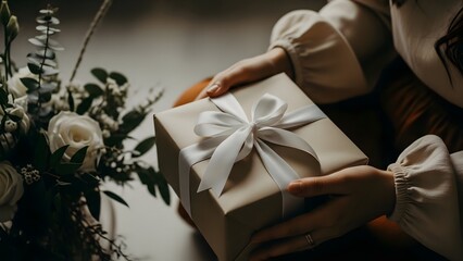 Happy mother's day gift giving a beautiful bouquet and wrapped present