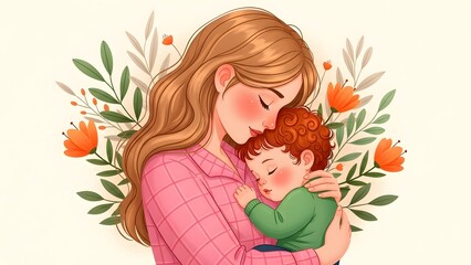Happy mother's day illustration of loving mom embracing child
