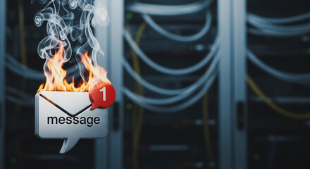Critical Emergency Message: Burning Email Notification Icon on Fire with Smoke in Data Center. Urgent Communication, Spam Overload, IT Security Crisis, Hacking Alert, and System Failure Symbol.