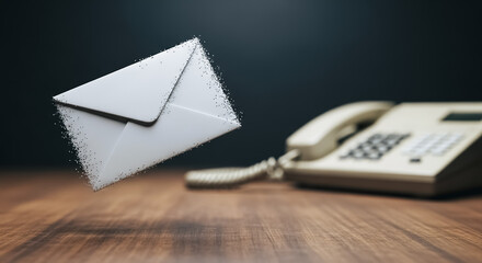 Digital Envelope Disintegrating Above Desk with Retro Telephone, Symbolizing Communication Evolution, Email, and Technological Transition from Analog to Modern Contact Methods.