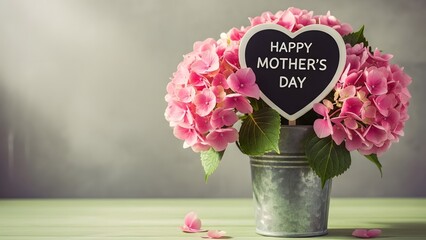 Happy mother's day bouquet with pink hydrangeas and heart shaped sign