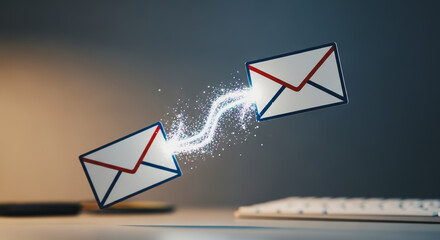 Digital email communication concept showing two envelopes exchanging glowing data path, fast instant message transfer, secure digital connection, marketing campaign, electronic mail icon.