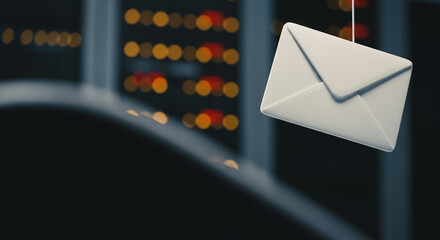 Secure Email Delivery Concept: 3D White Envelope Icon Hanging in Dark Server Room Data Center with Blurry Bokeh Lights Background, Representing Digital Messaging and Network Security