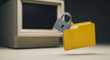 Data Security Concept: Padlock Locking a Yellow Folder in Front of a Retro Computer Monitor. Digital Privacy, Confidential File Protection, and Cybercrime Prevention.