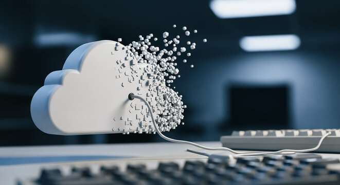 Digital Cloud Data Dissolution and Loss Concept. 3D rendering of a connected cloud computing icon fragmenting into pixels, symbolizing data breach, security risk, or migration failure.