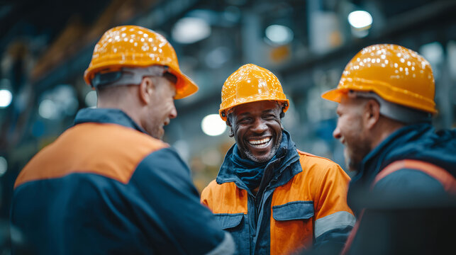 Worker industry factory teamwork safety helmet uniform engineering colleague happy worker smile industrial factory wear safety helmet uniform