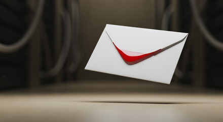 Secure Digital Mail Delivery Concept. 3D rendered white envelope with red inner lining floating in an abstract dark technological environment. New message, notification, confidential correspondence.