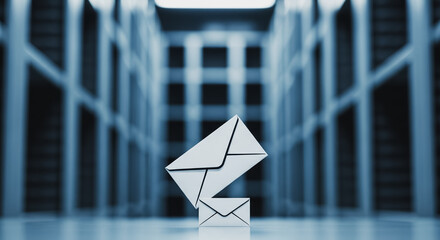 Abstract concept of secure digital communication, email, and network data transfer symbolized by envelopes in a server room environment.