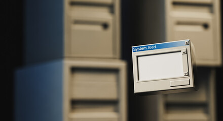 System Alert Pop-up Window Floating in a Server Room or Archive, Retro 90s Computer Interface Error Message, Vintage Data Storage and Digital Security Warning