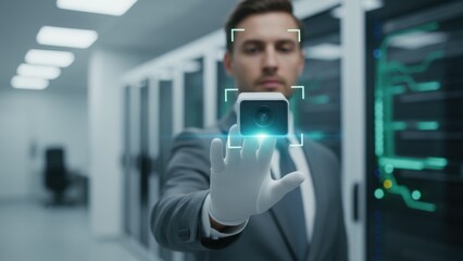 Data Center Security: Man in Suit Using Biometric Scanner for Access Control and Security