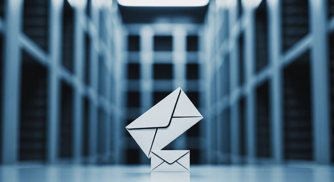 Abstract concept of secure digital communication, email, and network data transfer symbolized by envelopes in a server room environment. - Powered by Adobe