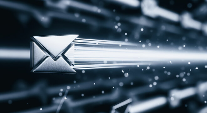 High-Speed Email Delivery: 3D Metallic Mail Icon Flying with Light Trails through Abstract Digital Space. Instant Message Transfer, Secure Data Communication, and Internet Technology. - Powered by Adobe