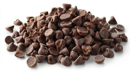 Obraz premium A pile of dark chocolate chips isolated against a white background. Showcase chocolate in recipes or healthy snack options for your designs.
