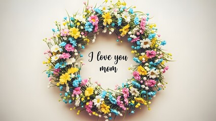 Happy mother's day wreath with colorful flowers and 'i love you mom' message